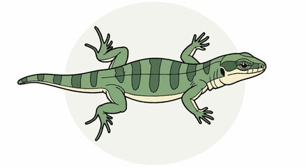 Fototapeta premium Green lizard with dark stripes on its back and tail, cartoon style.