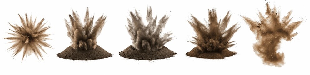 Ground explosion dirt debris set, soil blast effect collection, dust cloud burst sequence, realistic earth explosion spray, brown sand impact elements, PNG isolated on white © Dag
