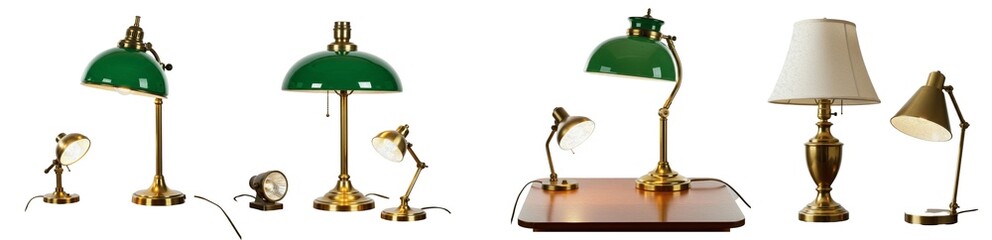 Obraz premium Green banker lamp set, vintage brass desk lamps, antique library lighting collection, emerald glass shade table lamp, traditional office decor, isolated PNG on white