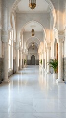 Obraz premium Elegant Islamic architecture corridor with ornate arches, marble columns and brass lanterns creating luxurious interior hallway for hospitality design.