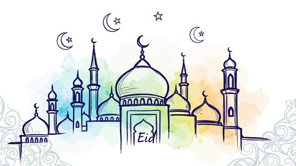 Obraz premium Celebrating Eid with illuminated mosque silhouettes against a starry night sky in a serene watercolor illustration from a front viewpoint