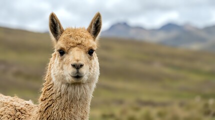 Fototapeta premium Adorable young llama portrait with fluffy brown fur looking directly at camera in natural mountain landscape with cloudy sky background.