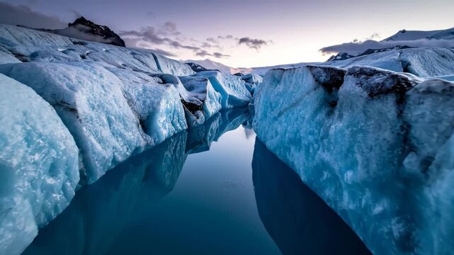 Majestic Glacial Ice Canyons with Deep Blue Water in Polar Landscape.
