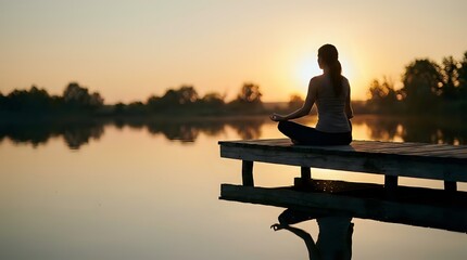 Obraz premium Silhouette of woman meditating in lotus pose on wooden dock at sunset over calm lake. Peaceful mindfulness and yoga practice for wellness and relaxation.