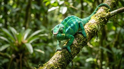 Fototapeta premium Green chameleon reptile sitting on mossy tree branch in tropical rainforest environment with lush vegetation background for wildlife and nature projects.