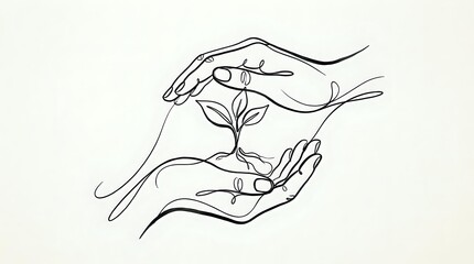 Obraz premium Protective hands nurturing young plant sprout in minimalist line art style. Environmental care, growth, sustainability concept for eco-friendly designs.