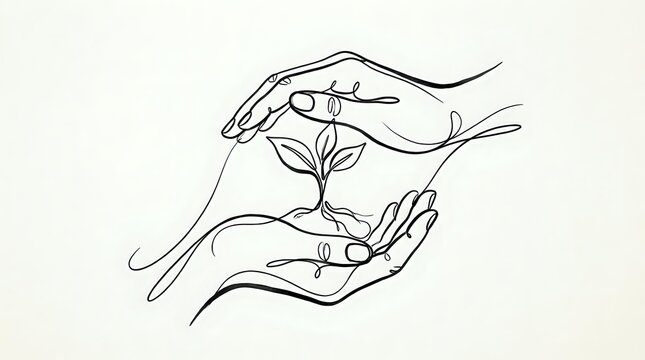 Protective hands nurturing young plant sprout in minimalist line art style. Environmental care, growth, sustainability concept for eco-friendly designs.