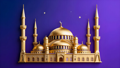 Fototapeta premium Mosque with Crescent Moon and Stars — Islamic Festival Celebration Illustration