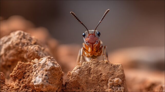 Close-up of a queen ant with swollen abdomen emerging from a soil mound, showcasing intricate details of its exoskeleton and antennae
