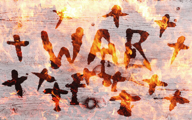 Hintergrund mit dem Wort War mit Feuer, Flammen und Kreuzen