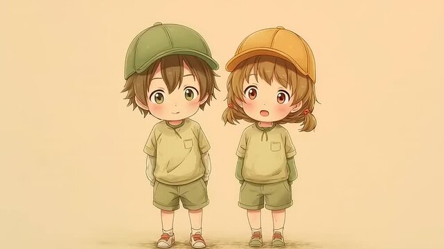 Two chibi siblings walking slowly with school backpacks in a gentle morning scene.