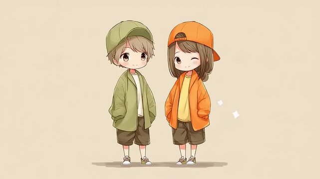 Two chibi siblings standing near a simple school in an animated scene