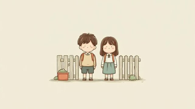 Two chibi siblings standing together in front of a fence with gardening tools around them in a serene outdoor setting