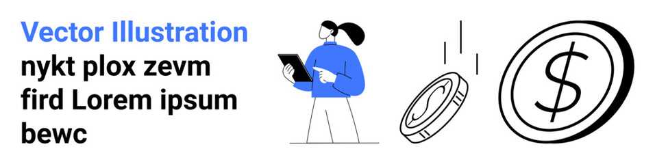 Finance, budgeting, digital transactions, business analytics, financial management, online payments. A woman with a tablet stands beside falling coins and a dollar symbol. Finance and budgeting © robu_s