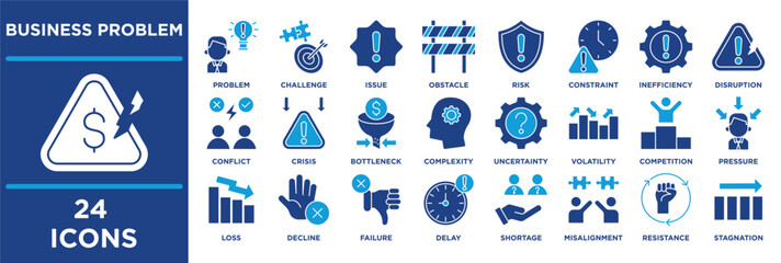 business problem icon set featuring bottleneck, complexity, uncertainty, volatility, competition, pressure, loss, decline, failure. blue flat