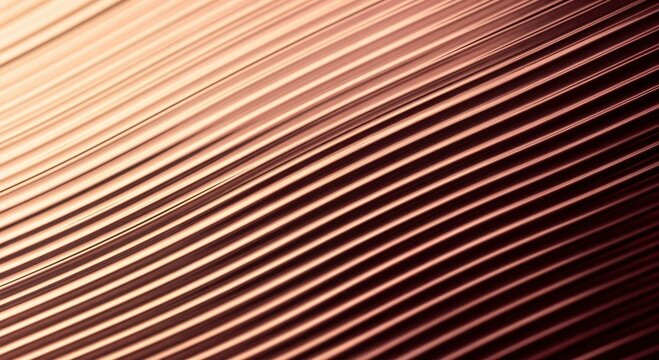 Abstract copper metallic background with diagonal parallel lines and ridges creating a textured surface with light and shadow effects