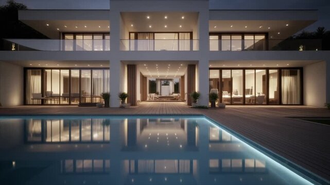 Modern luxury home with pool and deck at dusk or night modern house backyard