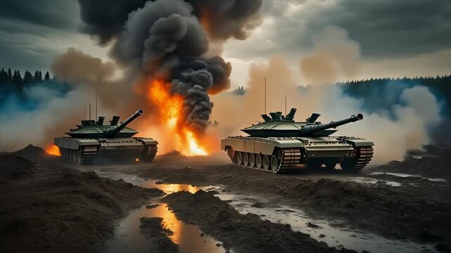 Military Tanks Engaged in Combat with Smoke and Fire on Battlefield