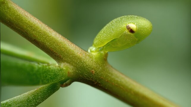Tiny green scale insect with remarkable camouflage perched on a succulent branch
