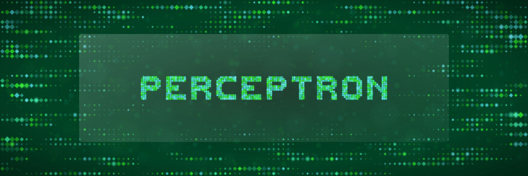 Perceptron algorithm title on green digital pixel background for AI education