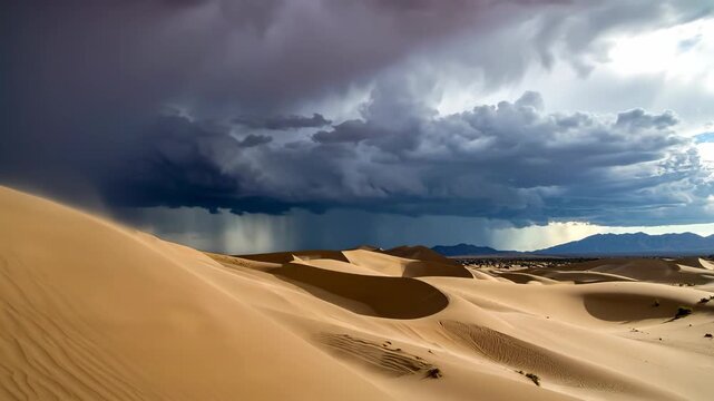 Dramatic Desert Landscape with Stormy Sky and Dark Clouds.