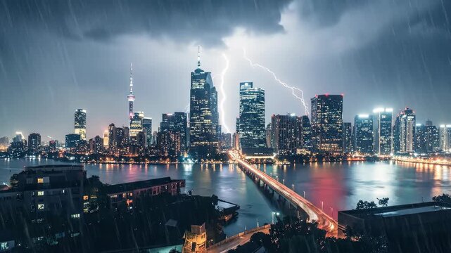 Dramatic Lightning Storm Over City Skyline at Night.