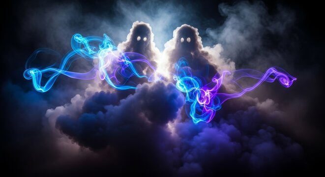 Abstract ghostly features materializing from a dense cloud of dark, billowing smoke, representing memory, mystery, and illusion, mystery, features, vapor