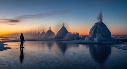 Silhouette of a man standing on a frozen lake watching ice volcanoes erupting at sunset in a cold winter landscape with dramatic orange sky and reflections on the ice.