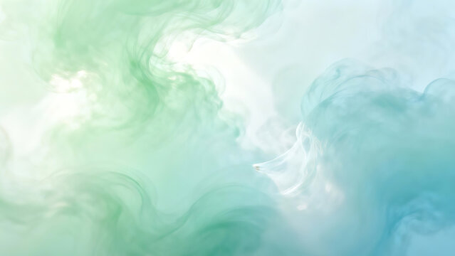 Abstract background with swirling green and blue smoke-like patterns against a white backdrop.
