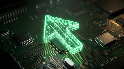 Fototapeta premium Glowing green digital arrow on computer circuit board representing technology advancement, data transfer, and electronic innovation in modern computing systems.
