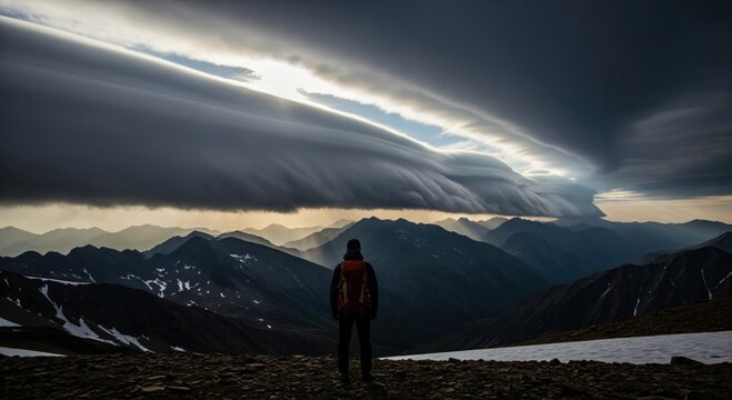 A lone male hiker with a backpack standing on a rocky mountain peak looking at a massive dramatic roll cloud formation over a vast mountain range at sunset