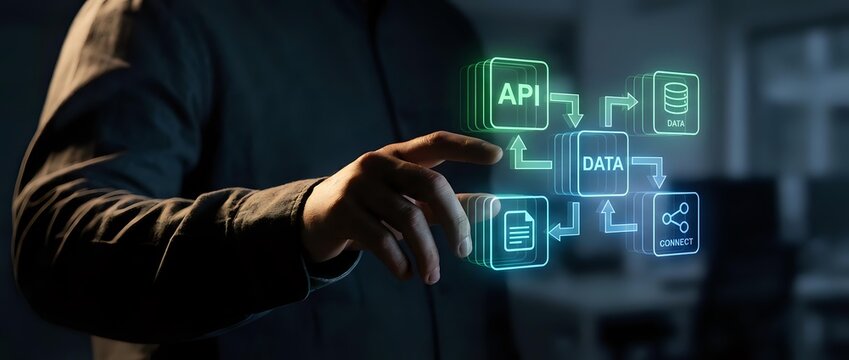 Professional developer working with API integration icons and data management interface in modern tech environment for software development projects.