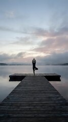 Fototapeta premium Silhouette of person practicing yoga tree pose on wooden dock at misty lake during peaceful sunrise with dramatic cloudy sky for wellness and meditation.