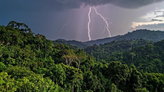 Dramatic Lightning Storm Over Lush Forested Mountains.
