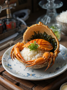 Illustration Japanese cuisine Kanimiso Grilled crab served in crab shell with rice and seaweed