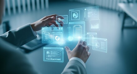 Fototapeta premium Spatial computing concept. A person's hands arrange application windows and files as holographic objects in a virtual office environment.