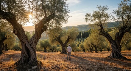 Senior man standing in a beautiful ancient olive grove at sunset, peaceful Mediterranean landscape with old gnarled trees and golden light