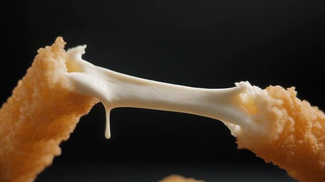 Slow motion mozzarella stick breaking open revealing long melted cheese stretch, crispy fried coating texture visible, dramatic dark background, cinematic lighting, high detail macro shot, 8K ultra HD