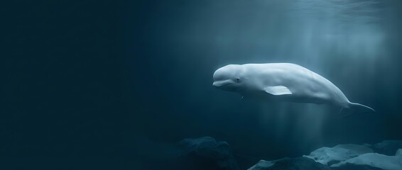 Fototapeta premium Beluga whale swimming gracefully through deep blue ocean waters with sunlight filtering from above creating mystical underwater atmosphere.