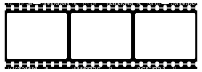 Vintage 35mm film strip frame PNG with transparent windows. Black cinema border with sprocket holes and film numbering for retro photo collage and video overlay. © Kolerowa