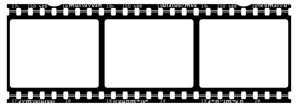 Vintage 35mm film strip frame PNG with transparent windows. Black cinema border with sprocket holes and film numbering for retro photo collage and video overlay.