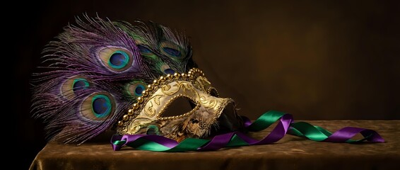 Naklejka premium Ornate golden carnival mask with peacock feathers and colorful beads on wooden surface against dark background for Mardi Gras celebration and masquerade party.