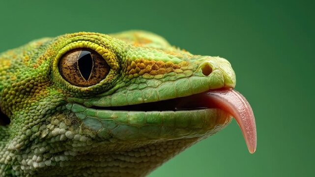 Extreme close-up of a green gecko licking its eye with its long pink tongue