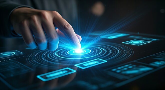 Haptic feedback concept. A close-up of a finger touching a button on a holographic interface, with a visible light ripple simulating the sensation of touch.
