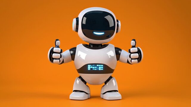 The friendly robot stands confidently with its arms raised, shows thumbs up in approval, set against a vibrant yellow background
