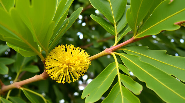 Acacia koa, koa, flowering tree in the family Fabaceae. Hawaii Volcanoes National Park. Acacia koa with phyllode between the branch and the compound leaves.