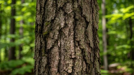 Obraz premium Intricate textured bark of a mature tree trunk, showcasing its rugged and natural surface in a forest setting.