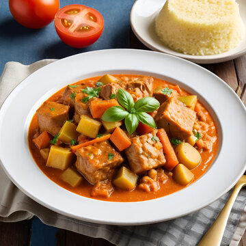 Pork fricassee stew in tomato sauce with semolina