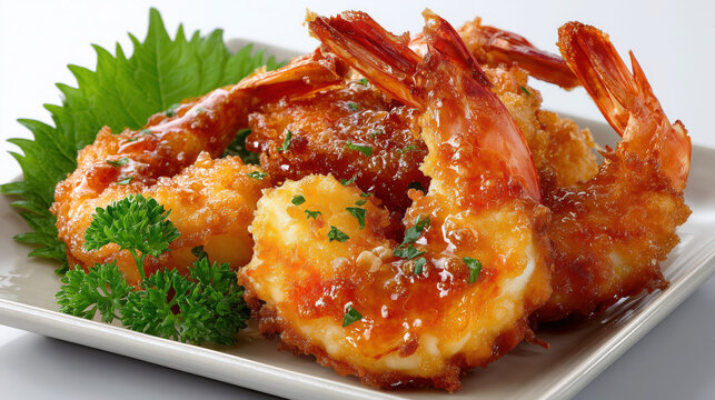 Crispy shrimp tempura with golden batter, garnished with fresh parsley and shiso leaf, served on white plate, showcasing Japanese cuisine and appetizing texture
