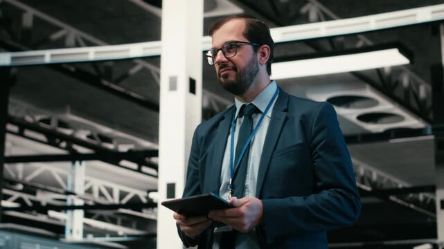 Software developer in data center using tablet and AR tech to monitor error logs, debugging systems. System administrator in server hub running diagnostics on blue wireframe mesh rigs
